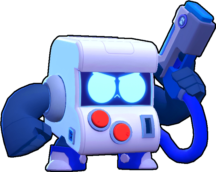 8位元鬥士 Brawl Stars 壁紙 — 一個藍白相間的卡通機械人，眼睛發光，帶有紅色按鈕，在黑色背景下手持未來武器。