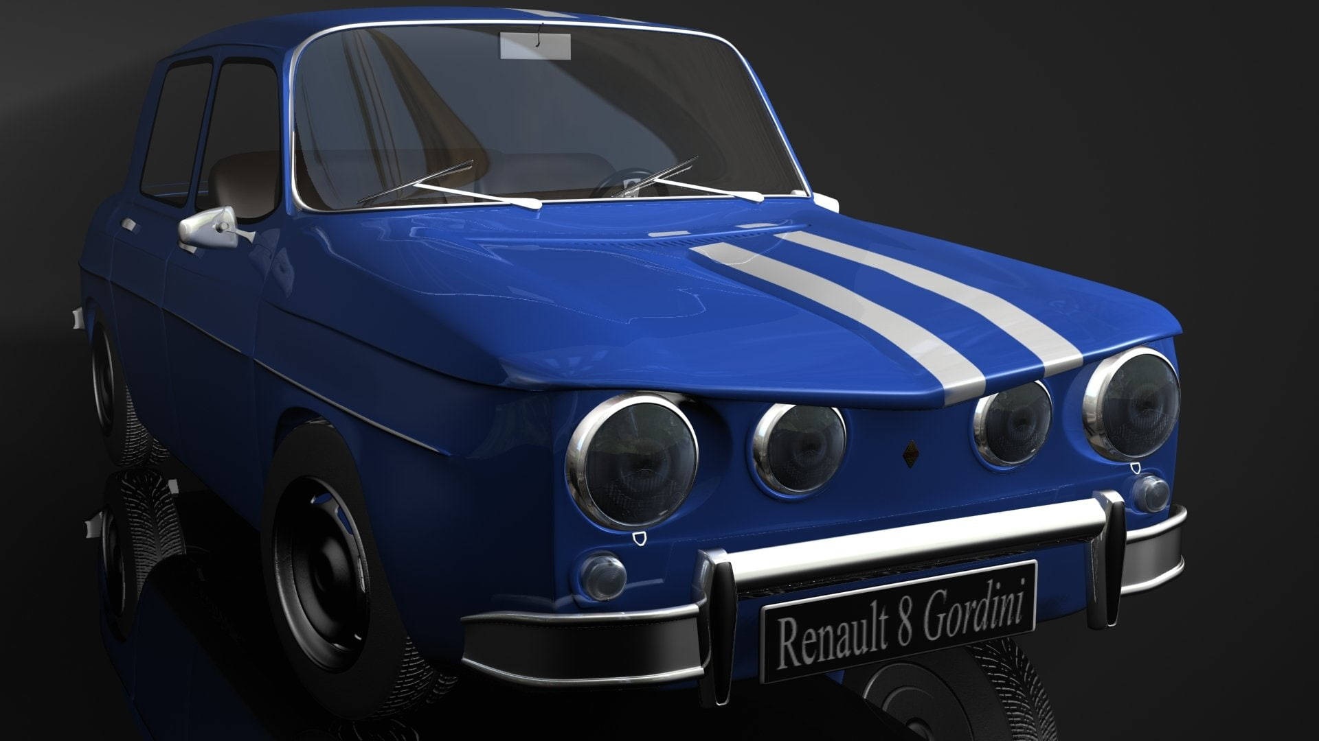 雷諾 8 Gordini 3D跑車 壁紙 — 一輛光澤藍色雷諾8 Gordini跑車，帶有白色賽車條紋和鍍鉻裝飾，在深色工作室背景下展示。