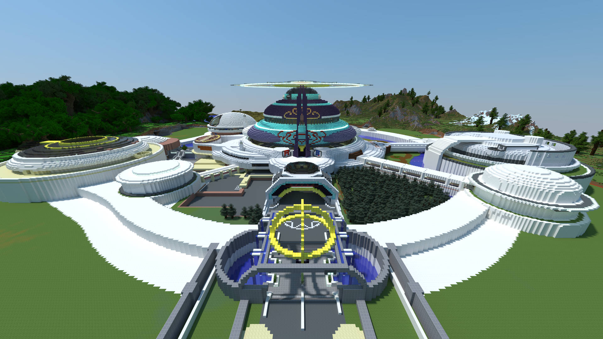 最終幻想8 巴拉姆學院Minecraft風壁紙 壁紙 — 一座未來主義的白色和藍色科幻城市，擁有圓形建築和發光的黃色路徑，背景是綠色山丘和清澈的藍天。