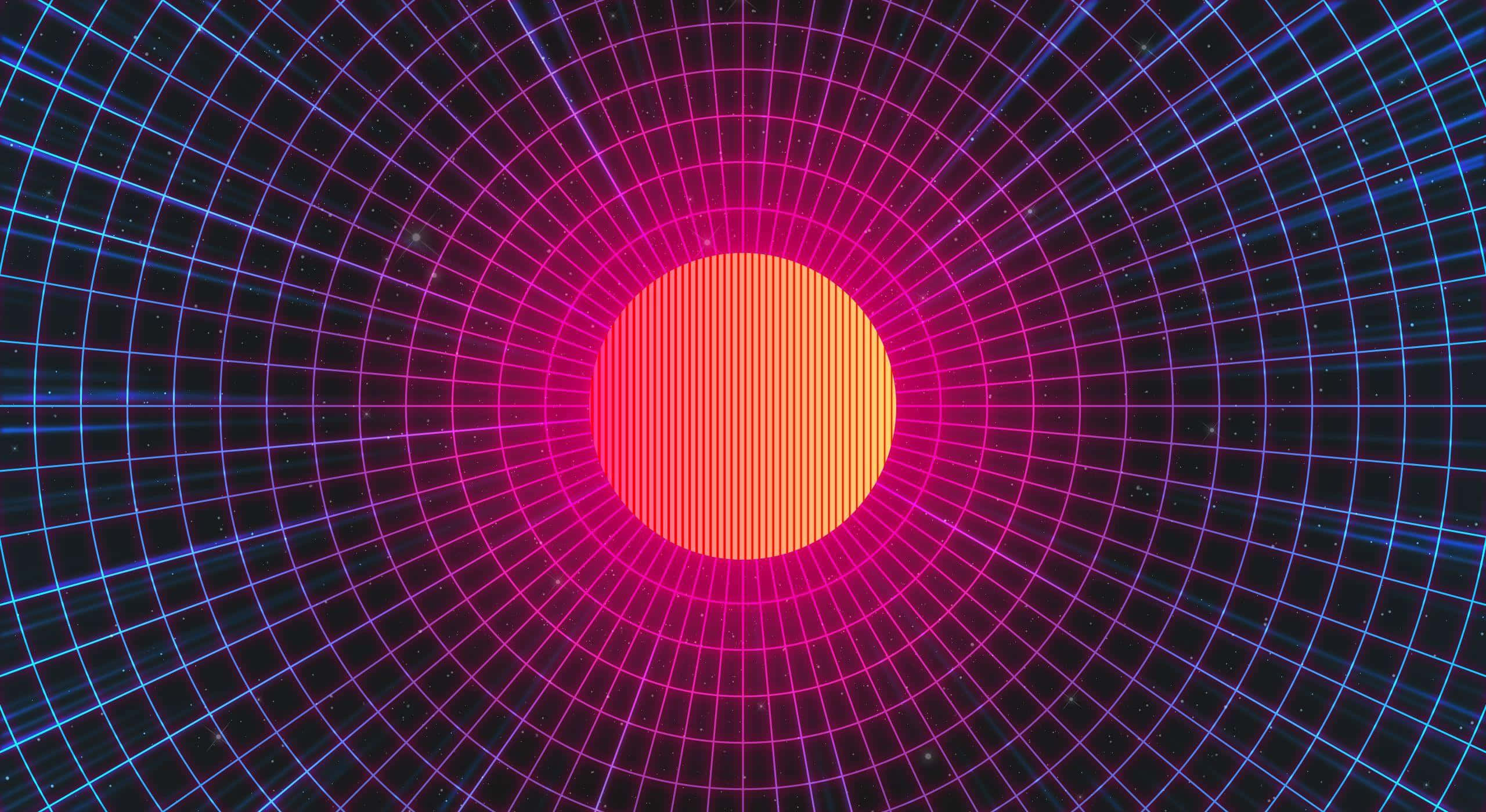 感受80年代的節奏 壁紙 — 一個發光的橙色圓圈在星空的黑色背景上的霓虹網格隧道中心脈動。