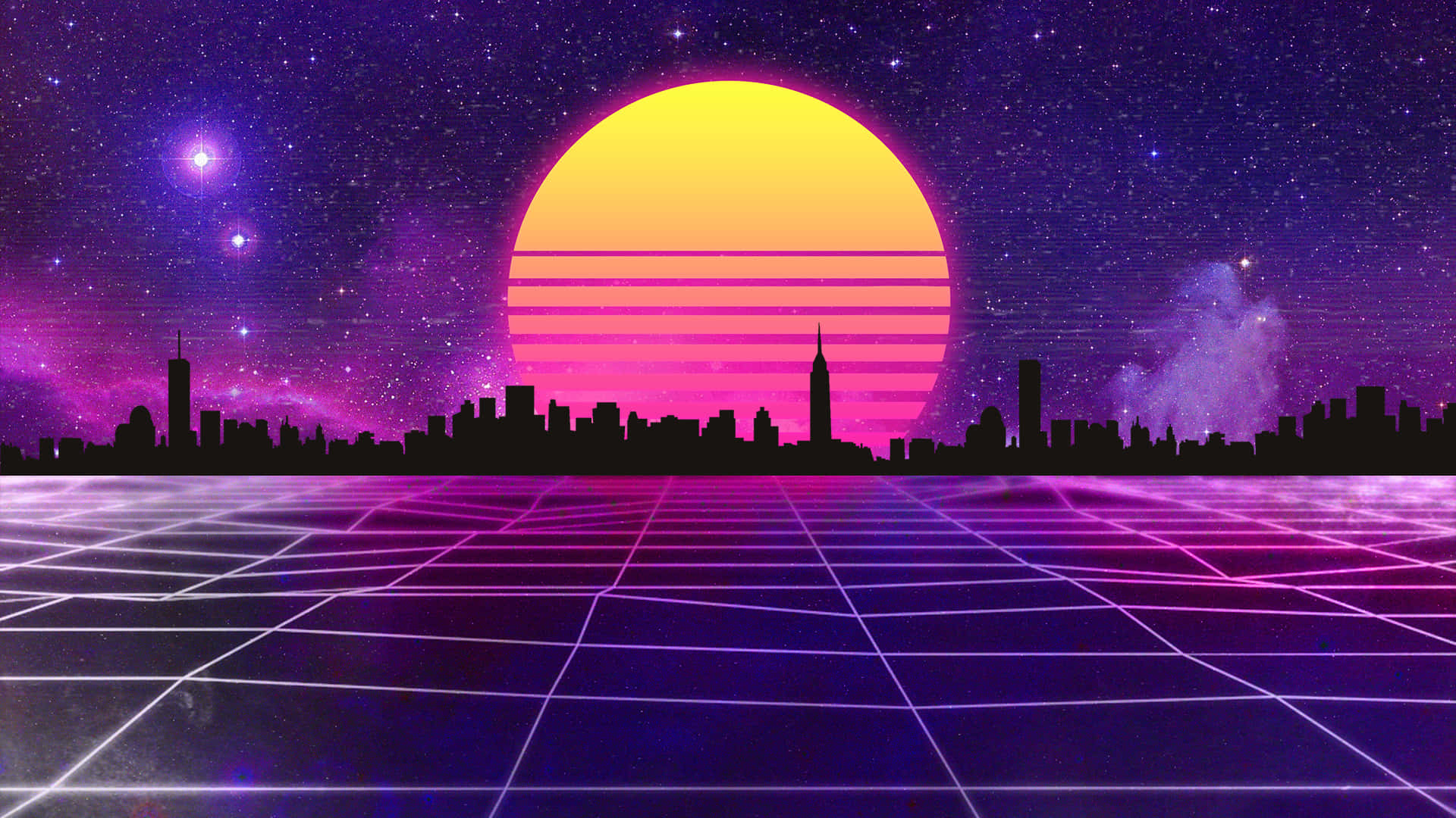 80年代城市景觀，背後有日出 壁紙