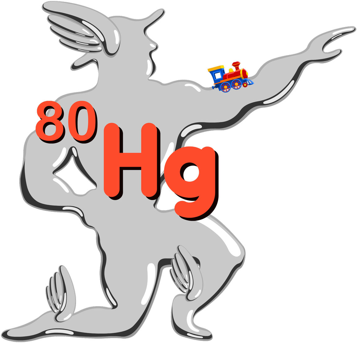 水星元素80號卡通火車 壁紙 — 一個卡通風格、帶翅膀、肩上放著玩具火車的銀色液態水銀人物，顯示原子序數80和符號Hg。
