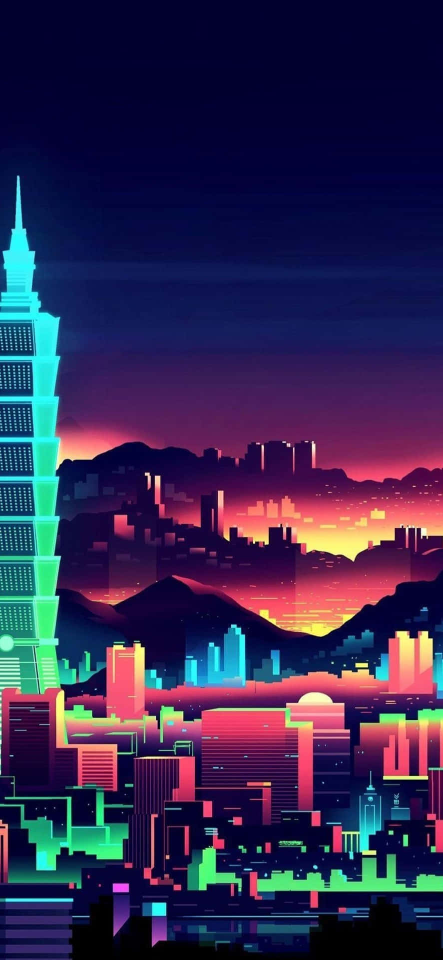 80 年代復古都市風 壁紙 — 在漸變天空下，一個霓虹燈閃爍的賽博龐克城市景觀，黃昏時分，高樓大廈發光，山脈呈現像素化。