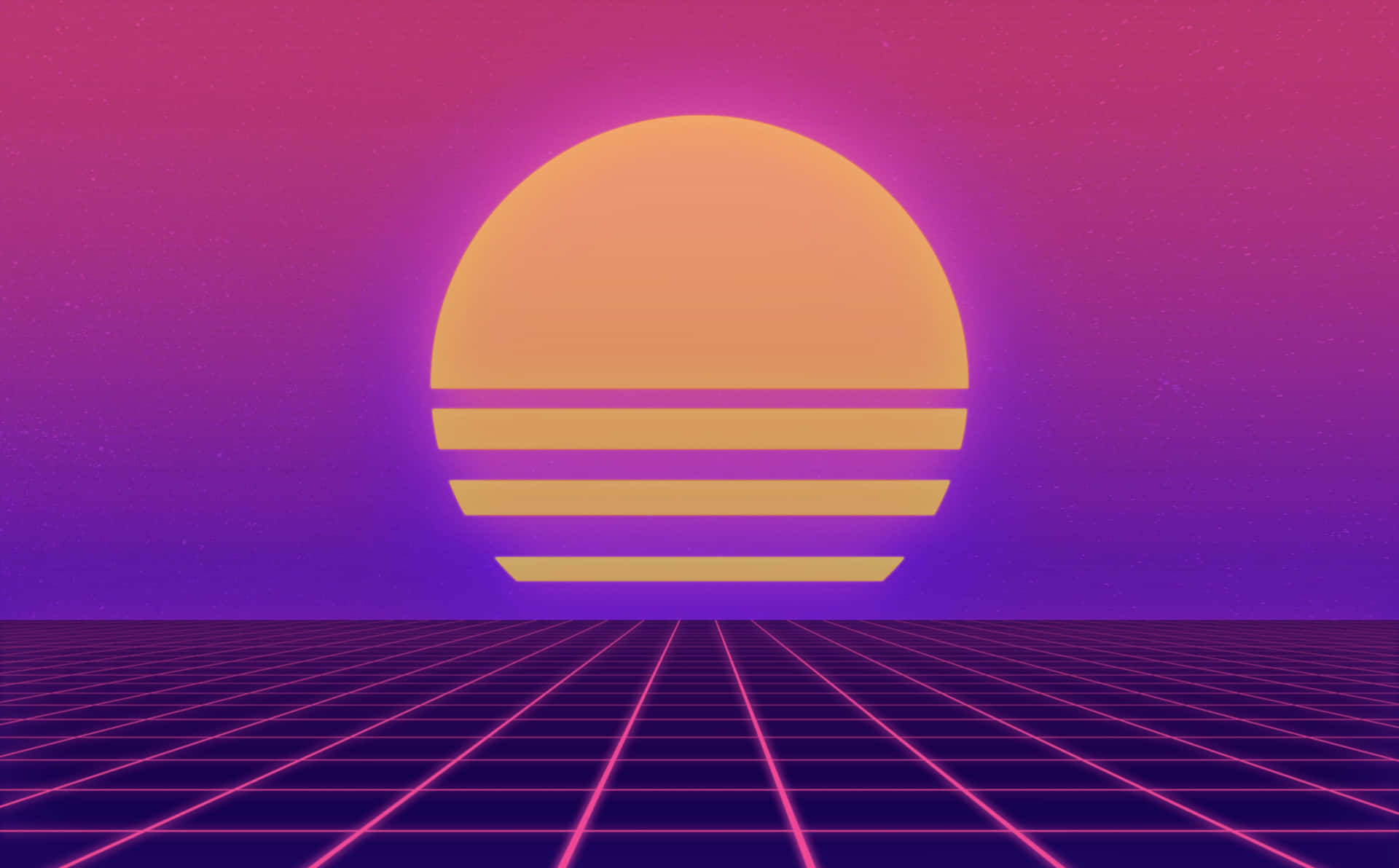 Vaporwave 日落，橙色太陽和發光網格地平線。