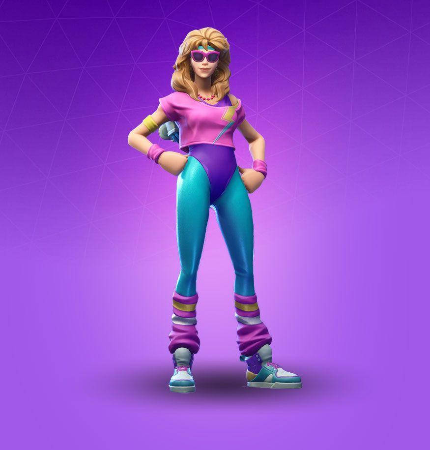 80年代健身狂熱者《Fortnite》經典皮膚 壁紙 — 一個風格化的80年代女性角色，穿著充滿活力的紫色和藍綠色服裝，在漸變紫色背景前自信地擺姿勢。