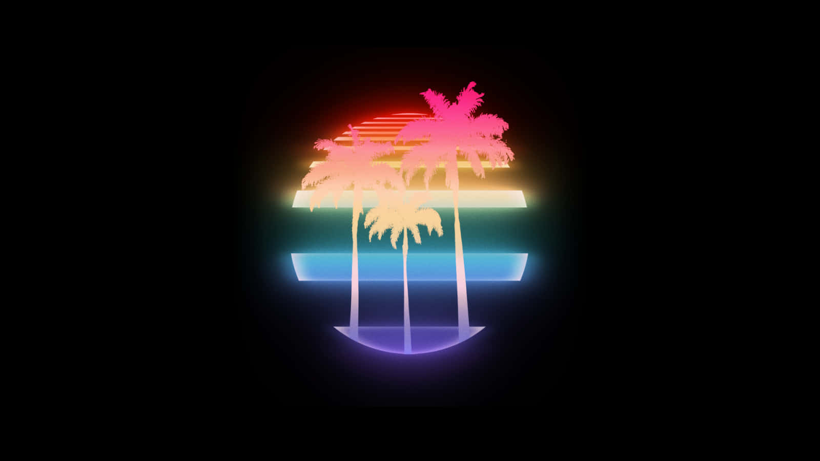 在80年代Vaporwave中放鬆心情 壁紙 — 充滿活力的霓虹棕櫚樹在黑色背景上發光，帶有水平彩虹光帶。
