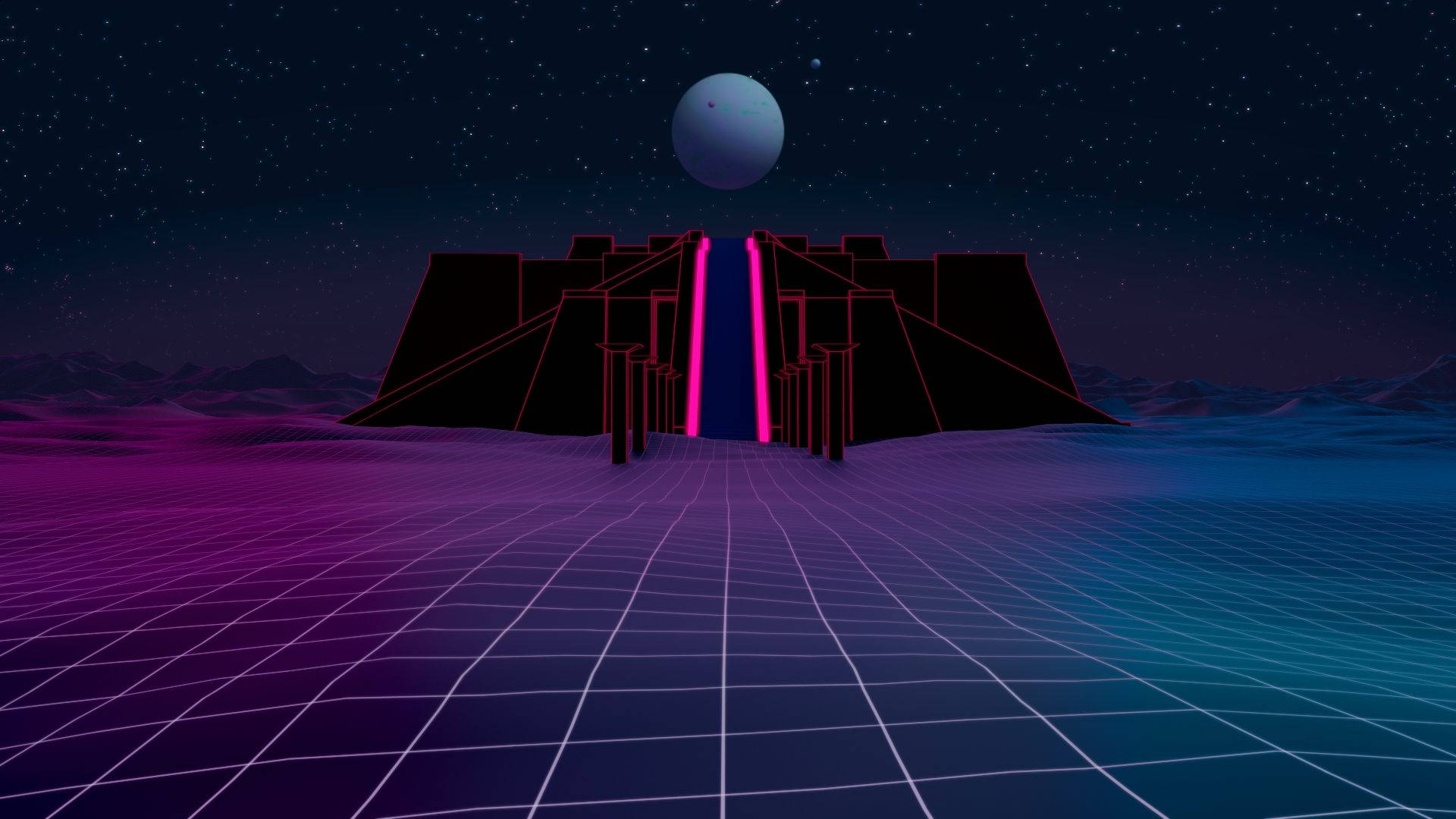 星空下發光的霓虹結構，漂浮行星與網格景觀