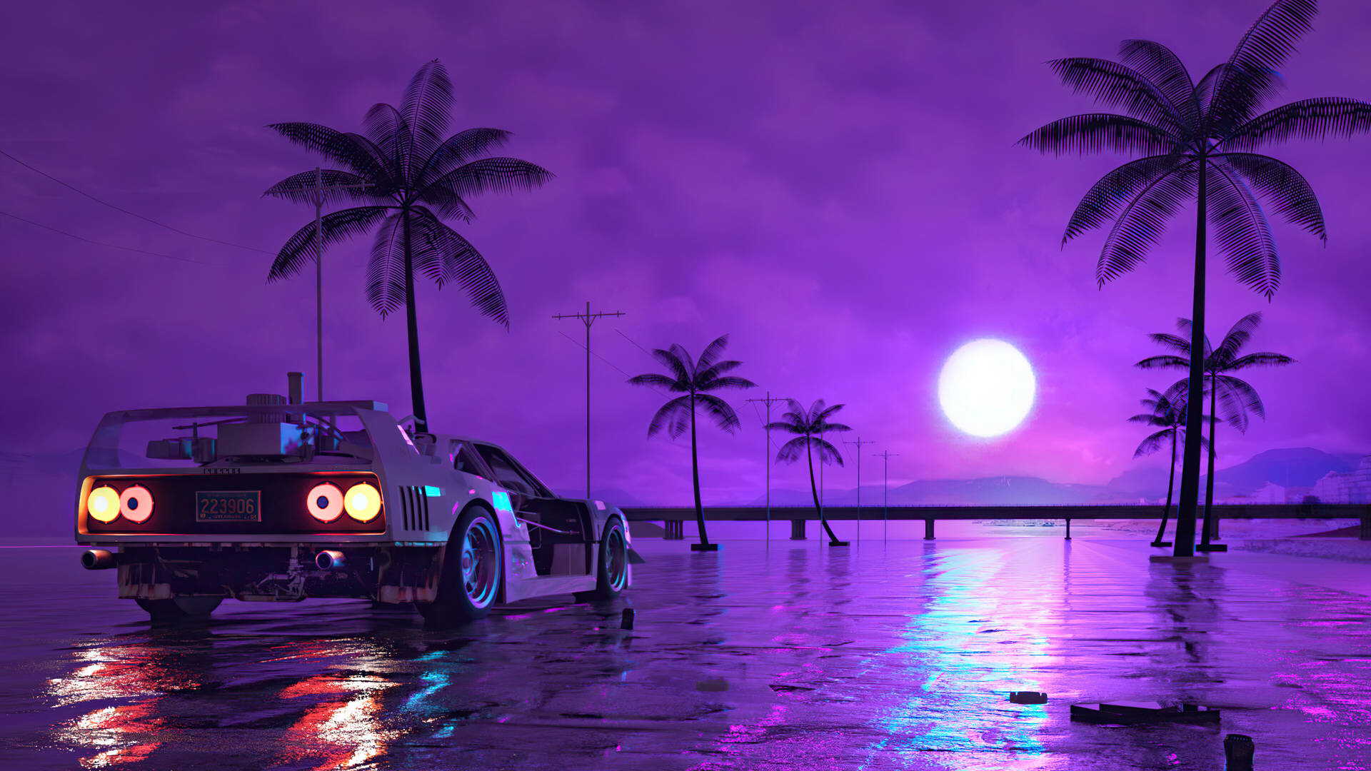 未來汽車在濕路與棕櫚樹下紫色夕陽