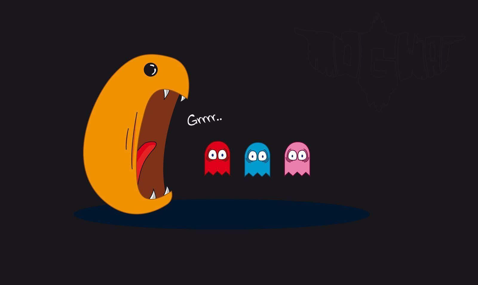 Pacman在黑暗場景中對著三個驚恐的鬼魂咆哮。