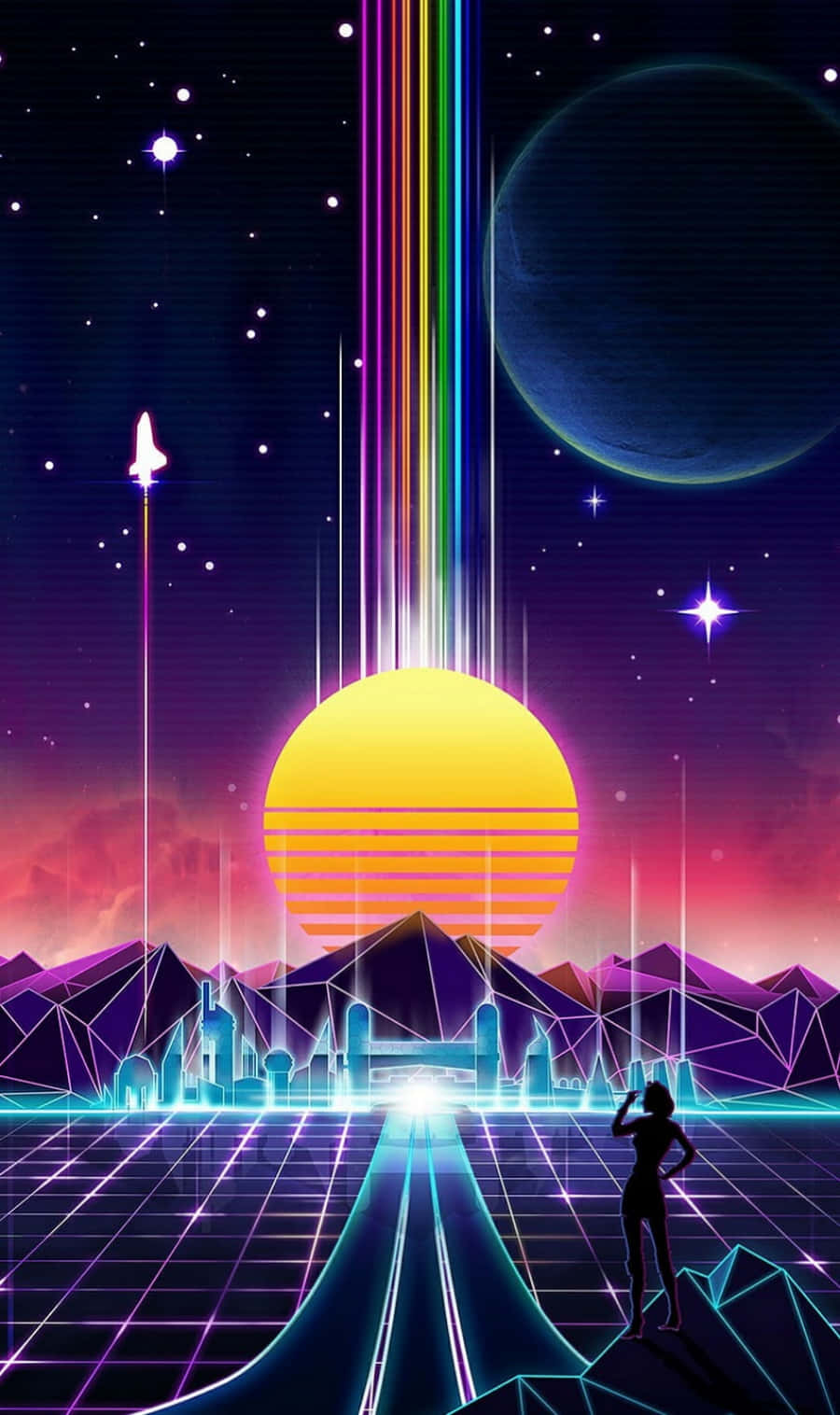 80年代蒸汽波彩色復古城市 壁紙 — 一個孤獨的身影站在發光的網格上，在充滿活力的復古未來主義日落之下，有彩虹光束、遙遠的太空船和星空中的行星。