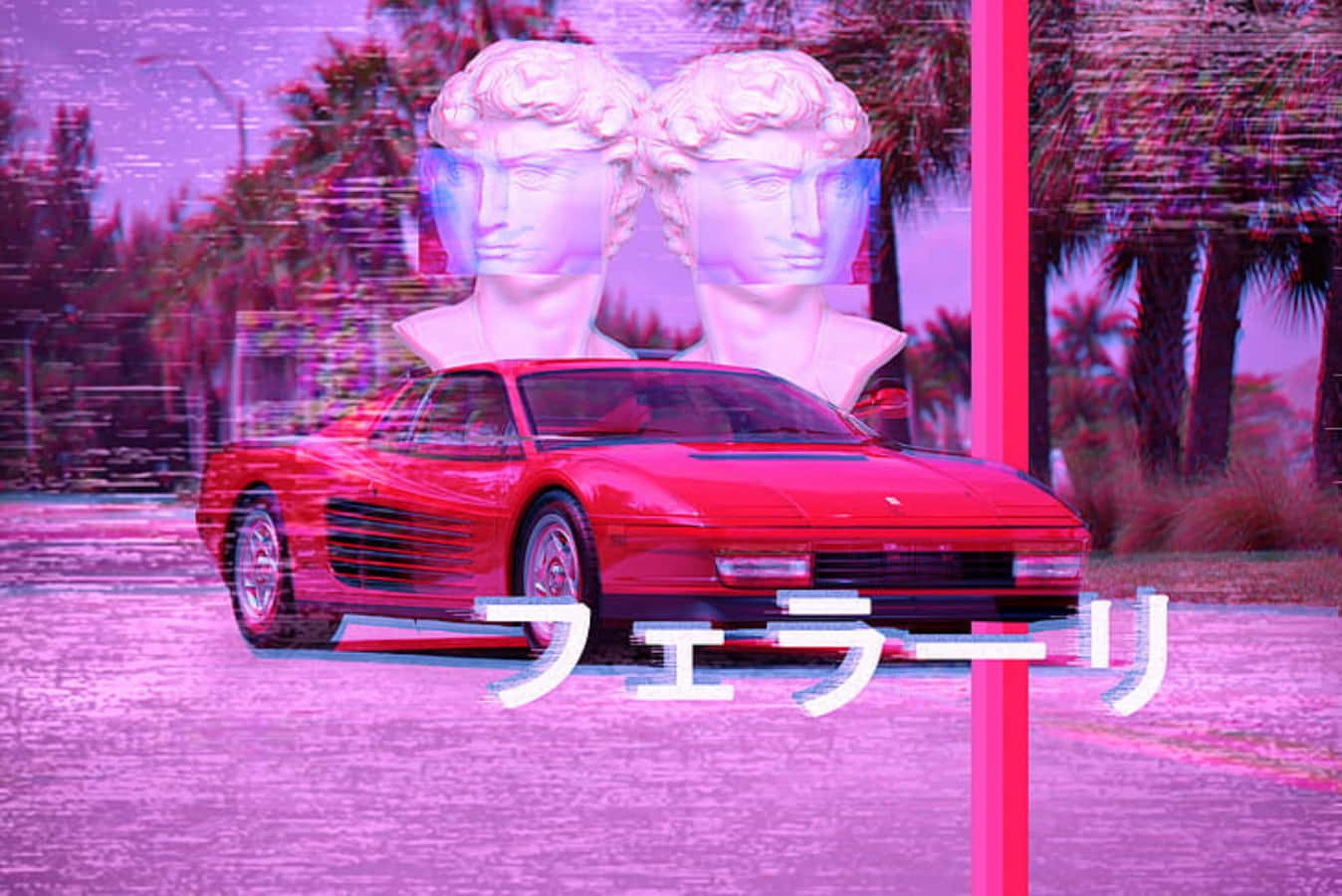 80年代蒸汽波日式藝術風格 壁紙 — 一輛紅色法拉利跑車停在帶有故障效果的紫色天空下，周圍漂浮著古典半身像和日文文字疊加。