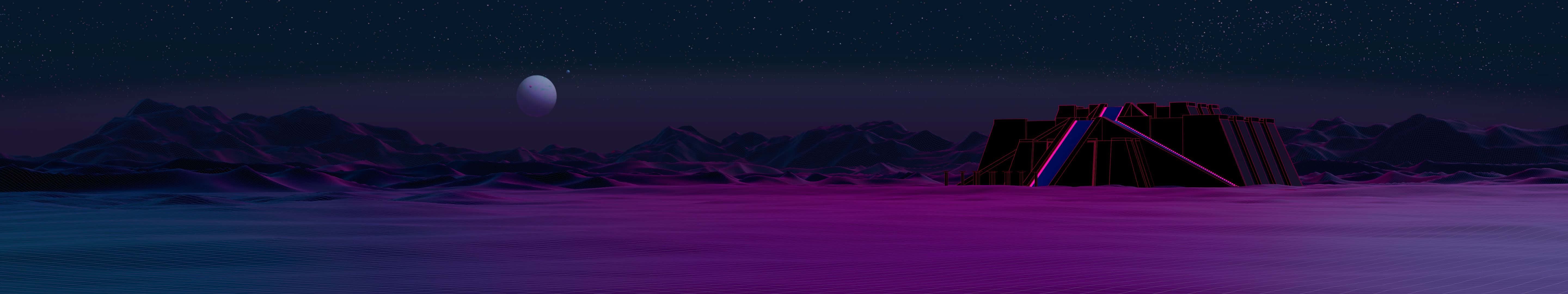 在繁星點點的夜空下，漂浮在發光水上的未來風格廢墟。
