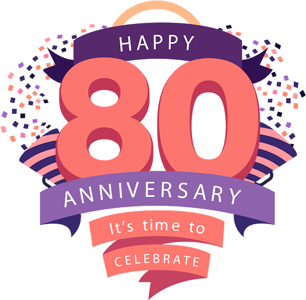 80週年慶祝橫幅 壁紙 — 大膽的粉紅色80搭配紫色橫幅和五彩紙屑，宣告一場充滿活力的80週年慶祝活動。