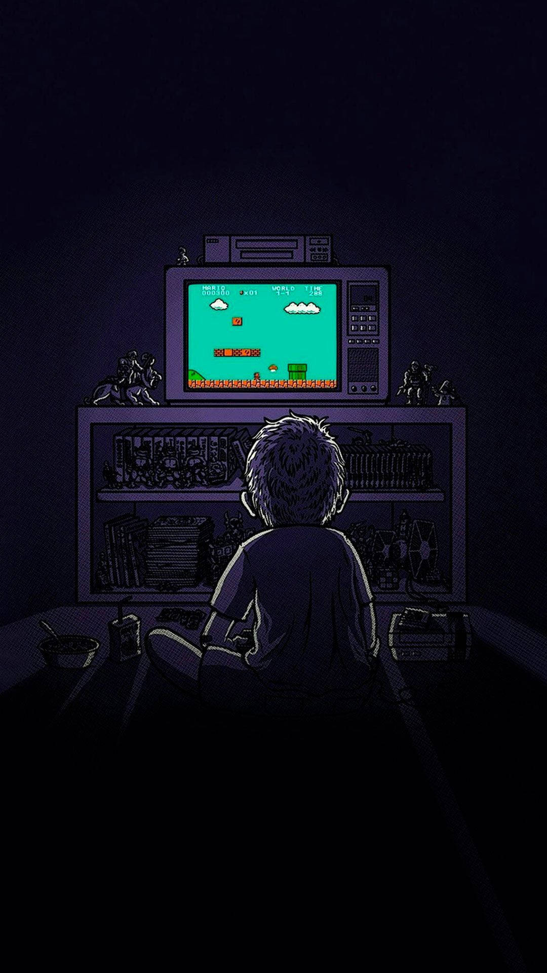 8bit 電玩復古美學 iPhone 壁紙 — 一個孩子盤腿坐在黑暗的房間裡，在復古CRT電視上玩復古電子遊戲。