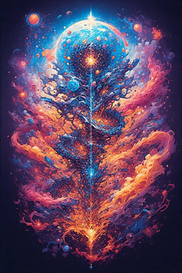 激發靈感的繽紛數位藝術概念，8K畫質 壁紙 — 一棵宇宙樹，帶有發光的藍色和橙色樹枝，從一個發光的球體中噴發出來，背景是黑暗的星空。