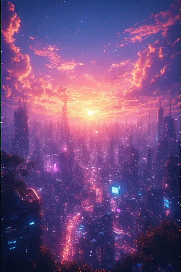 未來都市霓虹夕照動畫 8K 壁紙 — 日落時分的未來城市景觀，高聳的摩天大樓在充滿活力的粉紅色和紫色天空下閃耀。