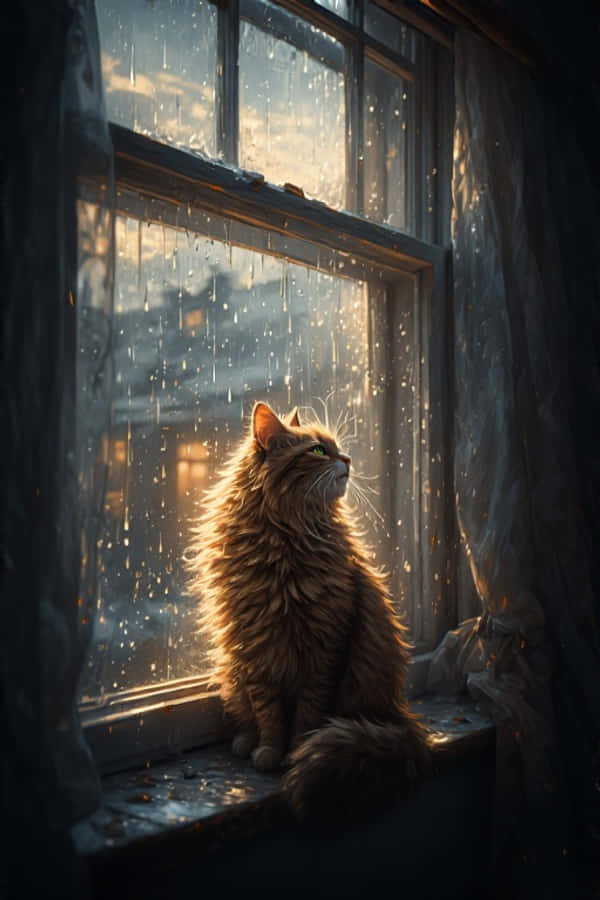 溫馨貓咪與雨窗 – 電影感 8K 壁紙 — 一隻毛茸茸的薑貓坐在窗台上，凝視著雨滴滑落玻璃，金色陽光穿透而過。