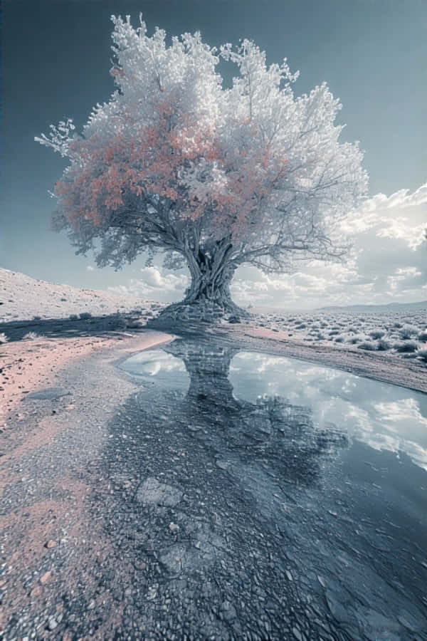 熾熱沙漠中的海市蜃樓 – 奇幻紅外線8K 壁紙 — 一棵孤獨的樹，帶有白色和粉紅色的葉子，站在一個反射池旁，在荒蕪的風景中，天空多雲。