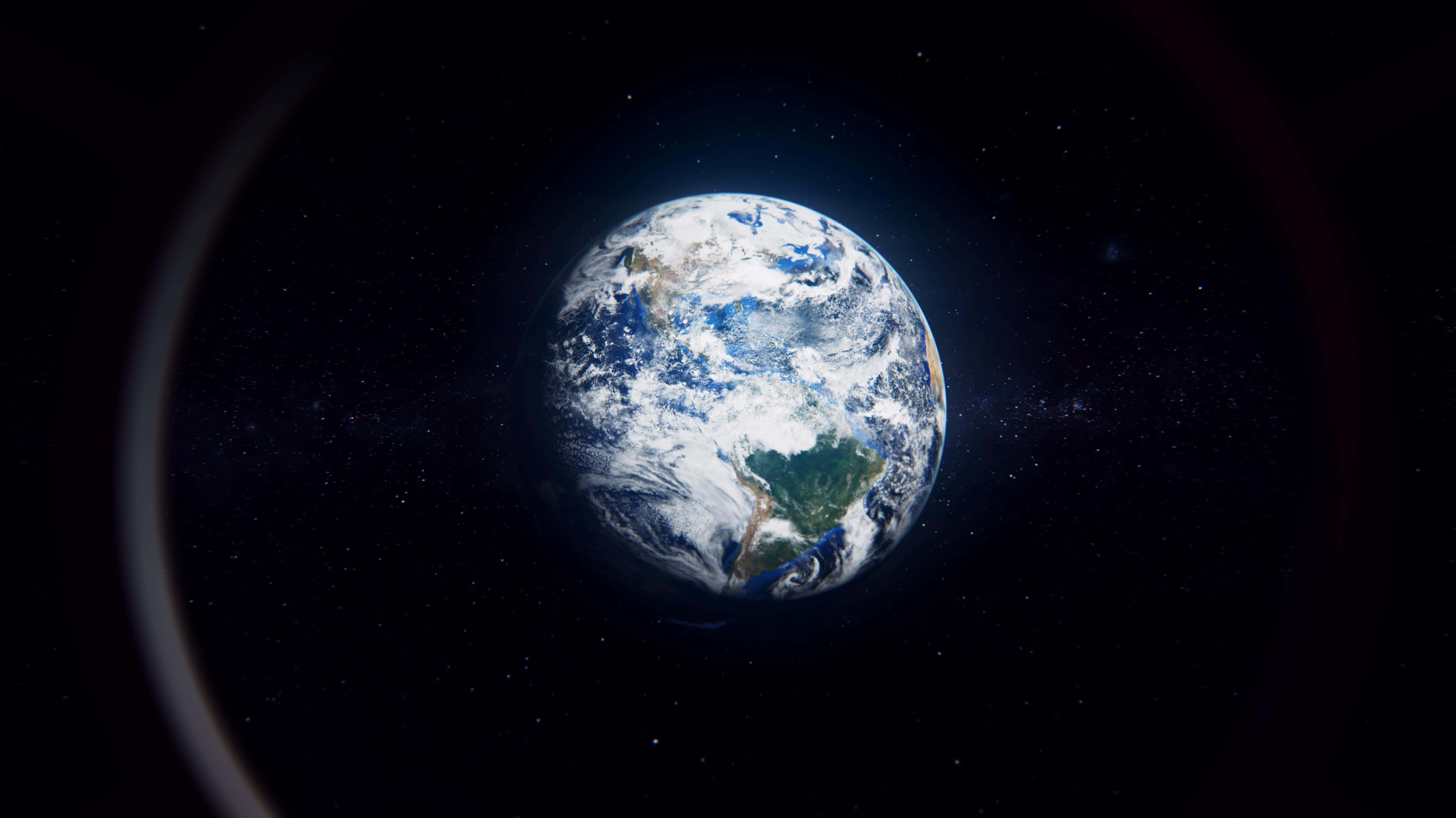以8K太空探索宇宙奧秘 壁紙 — 從太空俯瞰地球的壯麗景色，展現了漩渦狀的雲層、海洋和大陸，背景是星光閃爍的宇宙。