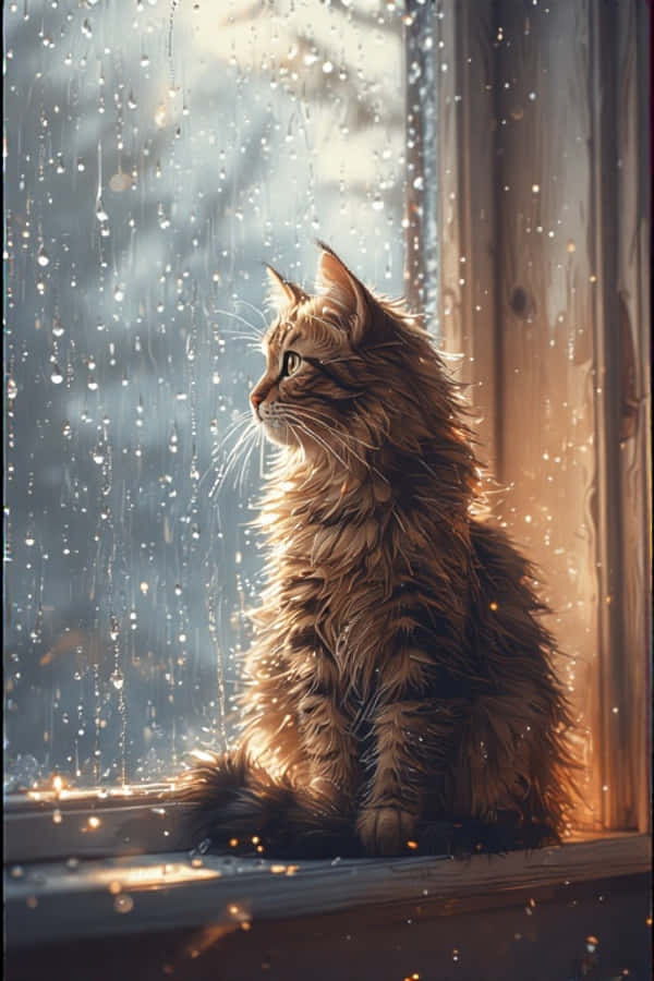 溫馨貓咪與雨窗 – 電影感 8K 壁紙 — 一隻毛茸茸嘅薑貓坐喺有雨痕嘅窗邊，沐浴喺溫暖嘅金色陽光中。