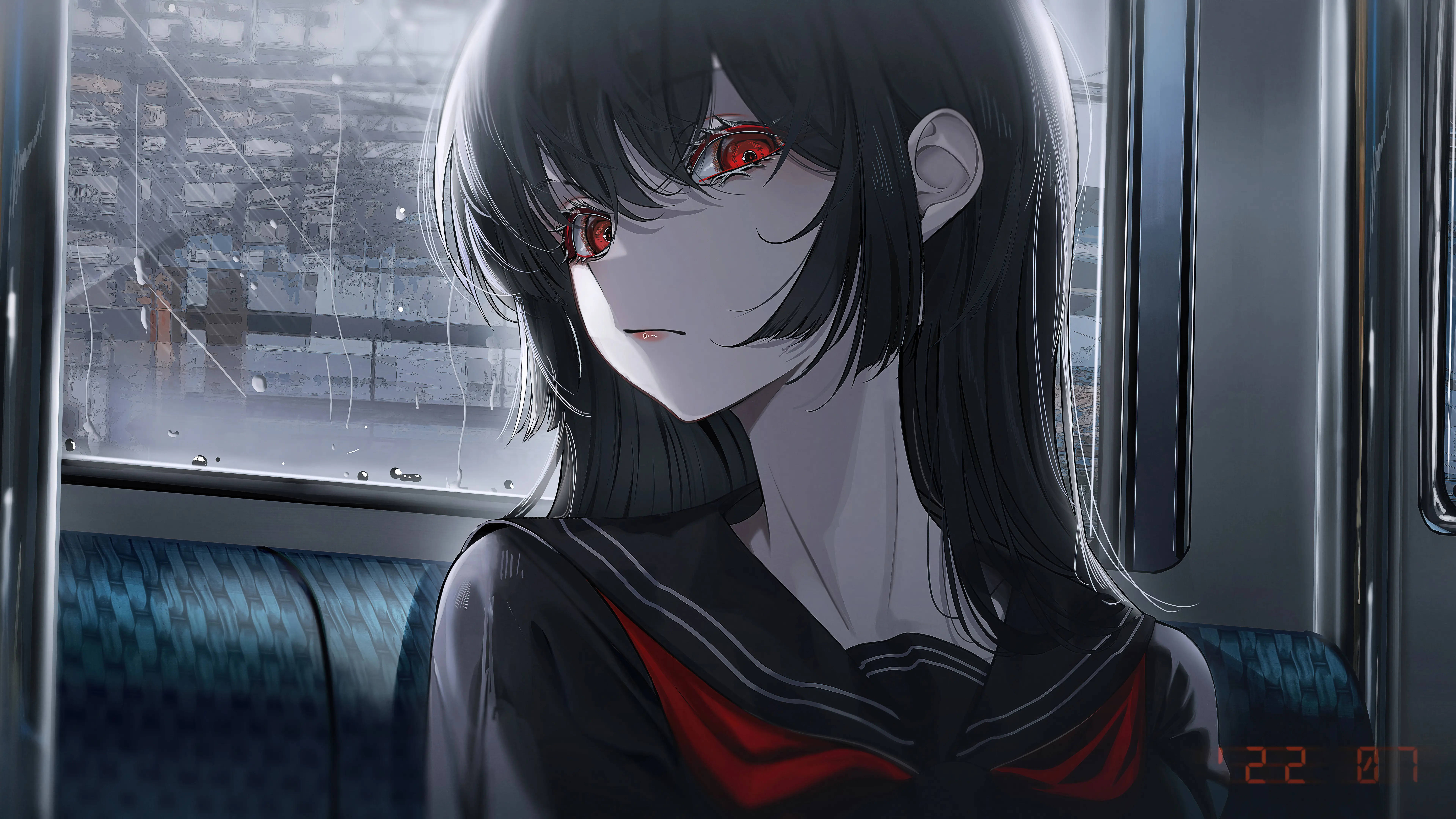 8K動畫紅眼女學生 壁紙 — 一個憂鬱的動漫女孩，有著發光的紅色眼睛，獨自坐在下雨的火車上，她的黑髮襯托出陰沉的表情。