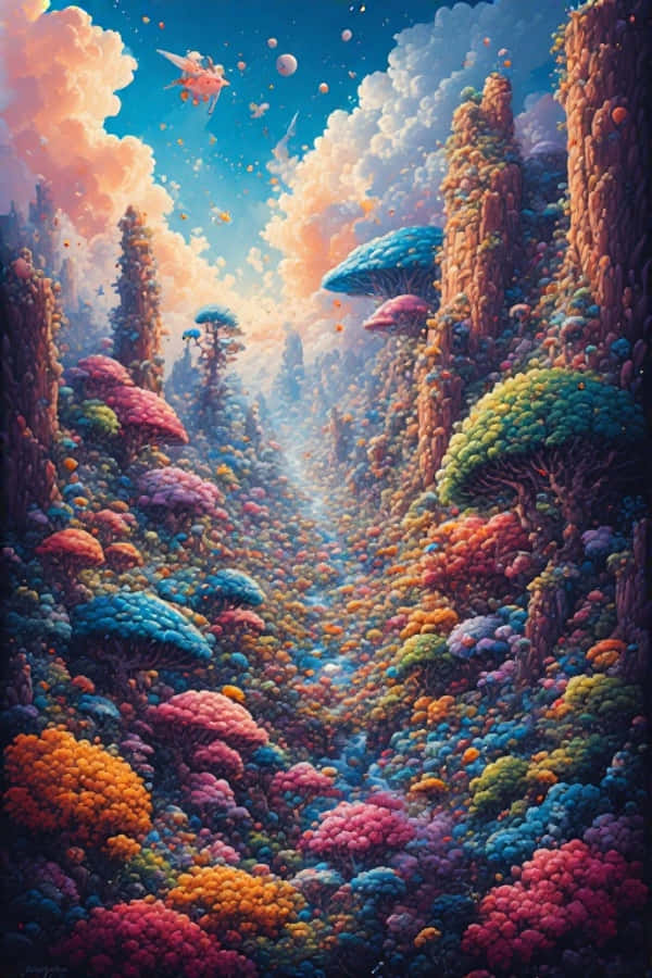 激發靈感的繽紛數位藝術概念，8K畫質 壁紙 — 一個充滿活力的外星峽谷，有多彩的球根狀樹木，天空充滿漂浮的球體和蓬鬆的雲朵。