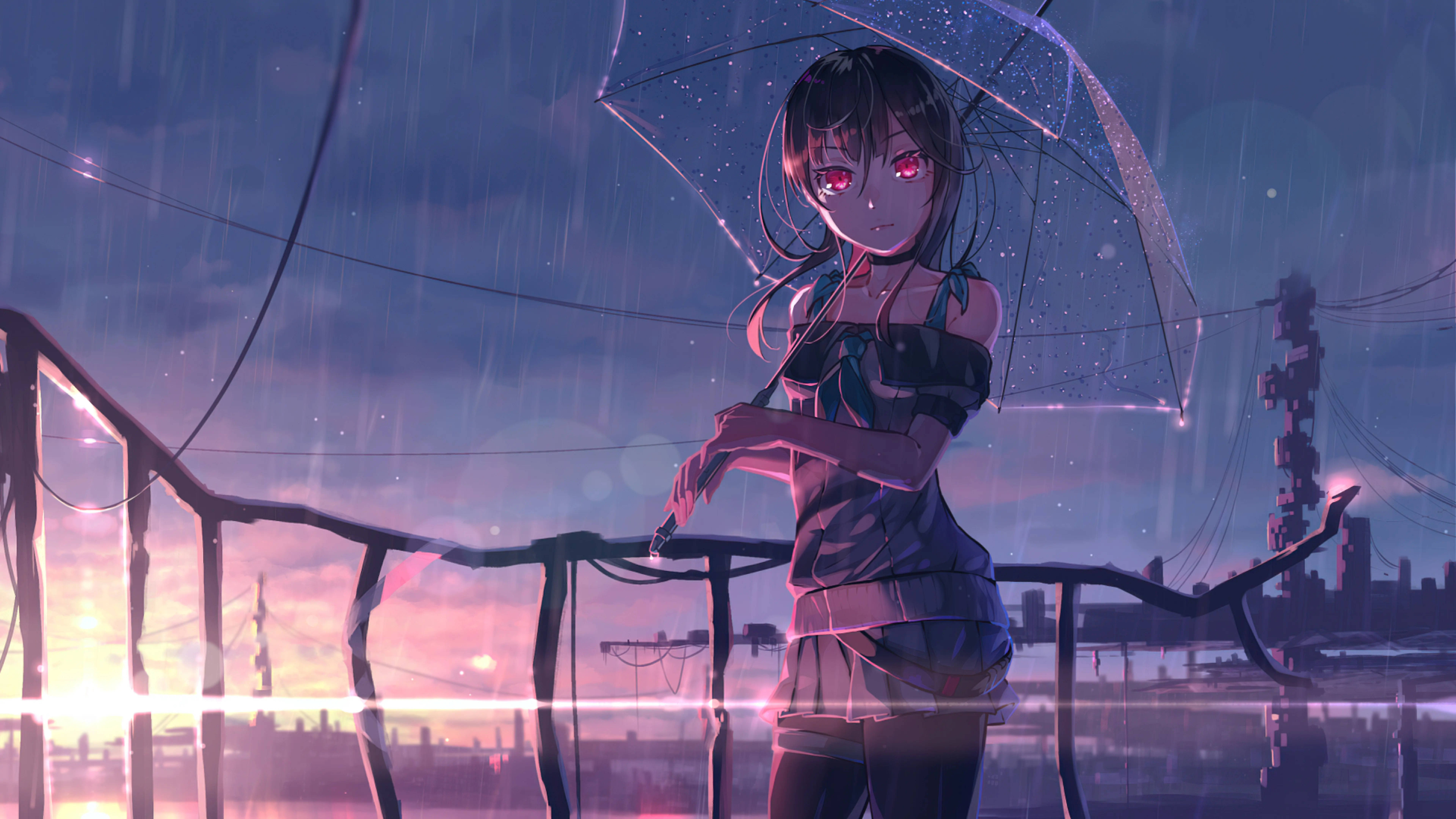 8K動漫少女雨中撐傘 壁紙 — 一個擁有發光紅眼的女孩，在雨中的暮色城市景觀中，拿著透明雨傘，背景有霓虹燈和電線。