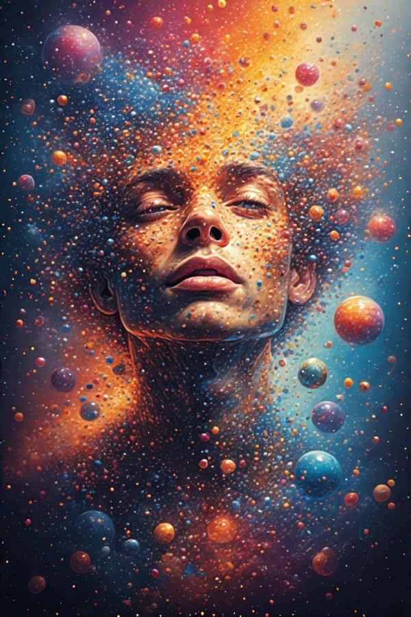 充滿活力的數位藝術創意點燃8K 壁紙 — 一張平靜的人臉從宇宙漩渦中浮現，周圍是發光的行星和恆星，背景是深藍色和火橙色的星雲。