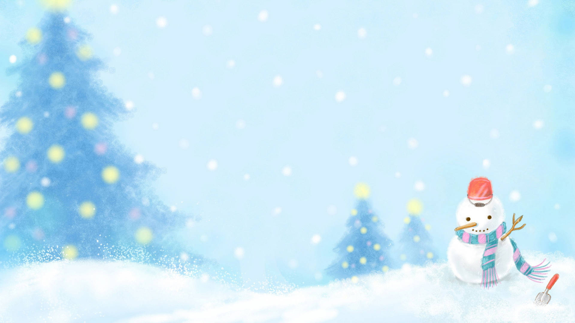 戴紅帽和圍巾的雪人，在雪地冬季景觀中與松樹一起。