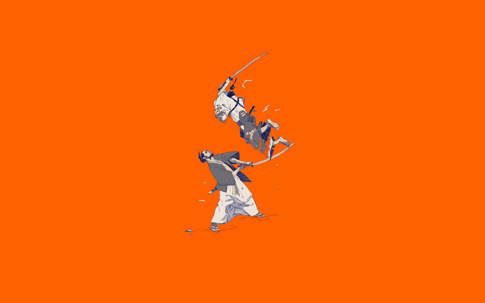 8K 武士 epic 戰鬥 壁紙 — 兩位動畫武士在半空中碰撞，背景為純橙色，帶有動態運動線條。