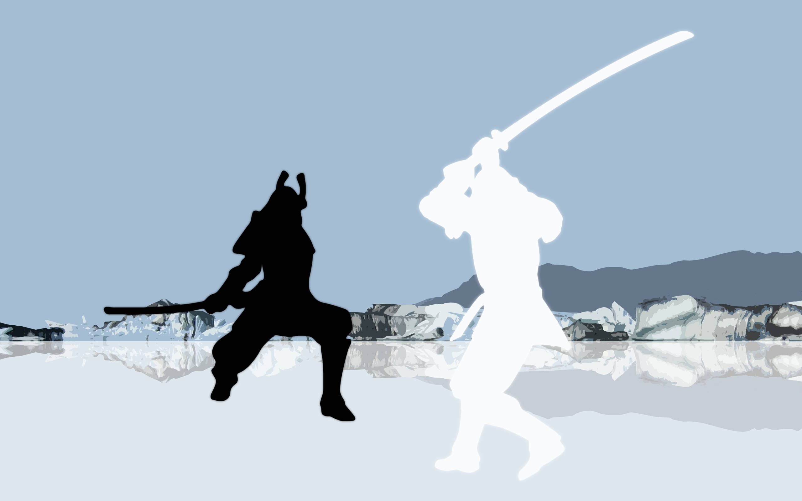 8K 武士對戰 壁紙 — 剪影武士決鬥，在冰天雪地中對抗發光的白色對手，並有山脈倒影。