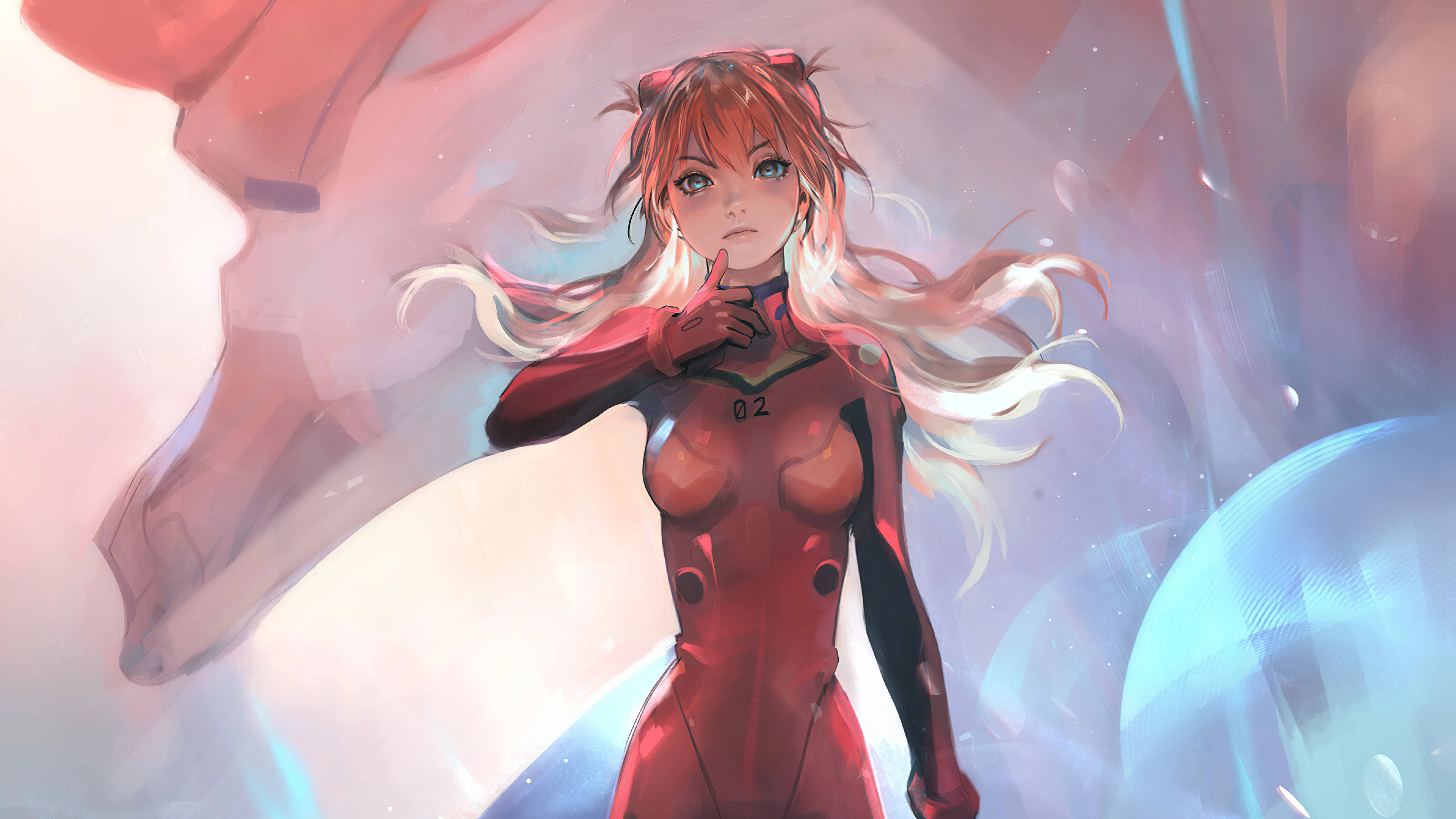 8K動畫Asuka Langley作品 壁紙 — 一位身穿紅色連體衣的動漫女孩，在發光球體和飄逸頭髮的宇宙背景下自信地站立。