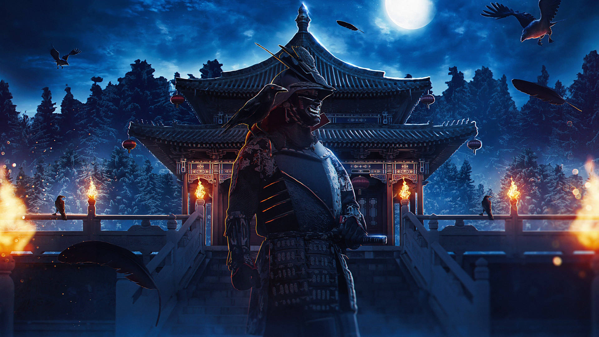 武士在夜間守衛寺廟，滿月下，火把與烏鴉相伴。