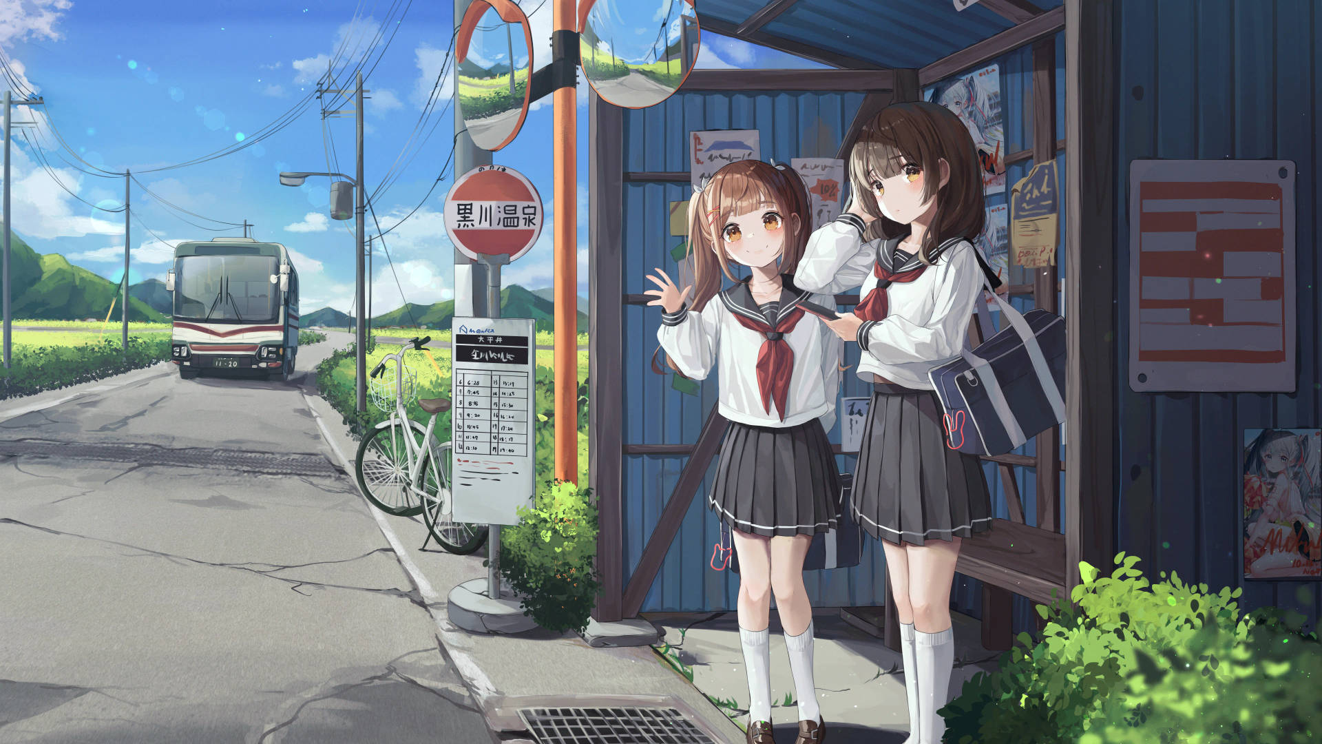 兩個動漫女學生在陽光燦爛的日子在巴士站揮手。