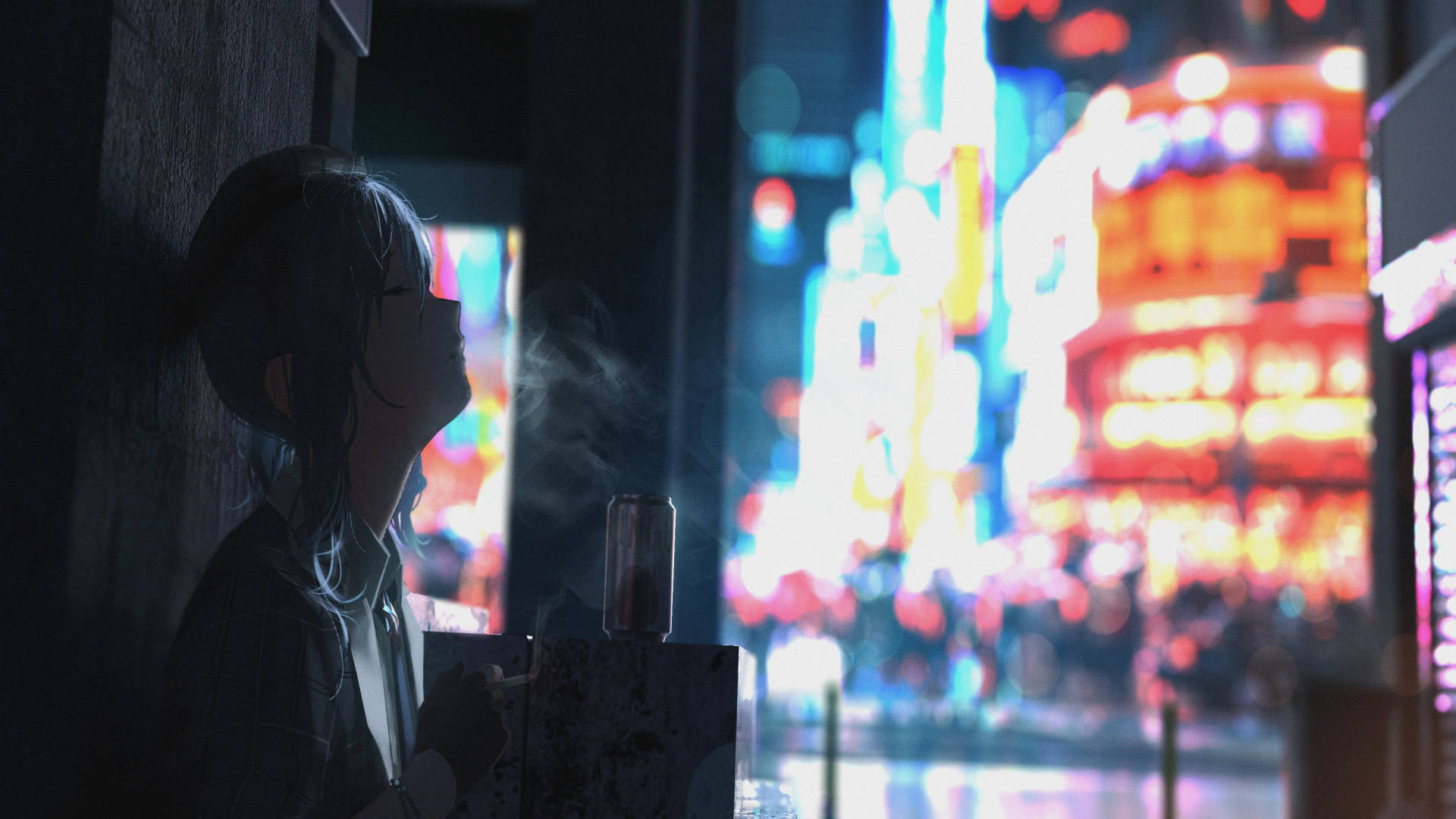 動漫女孩靠著黑暗牆壁抽煙，背後有發光的城市燈光。