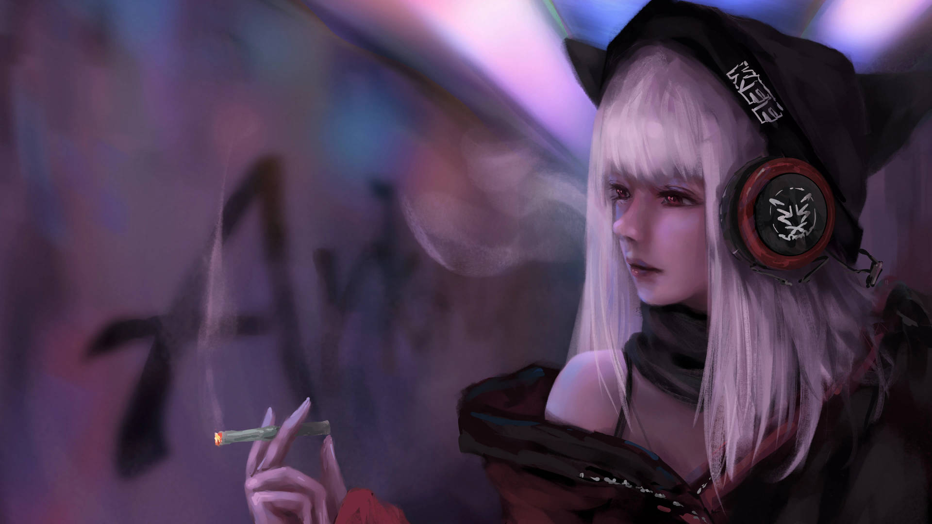 戴著貓耳和耳機的動漫女孩在塗鴉牆附近抽煙。