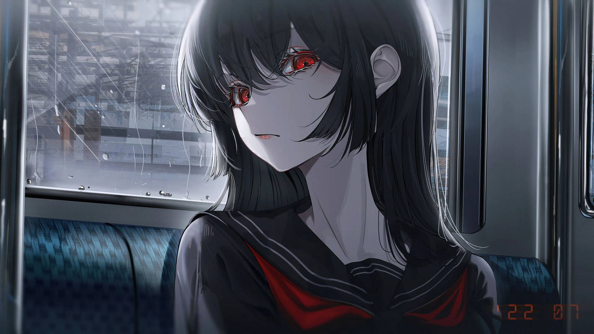 紅眼動漫女孩坐在下雨的火車上，望著窗外。