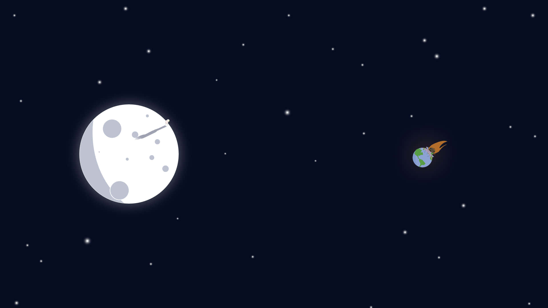 地球帶著火焰軌跡飛向月球，繁星點點的夜空