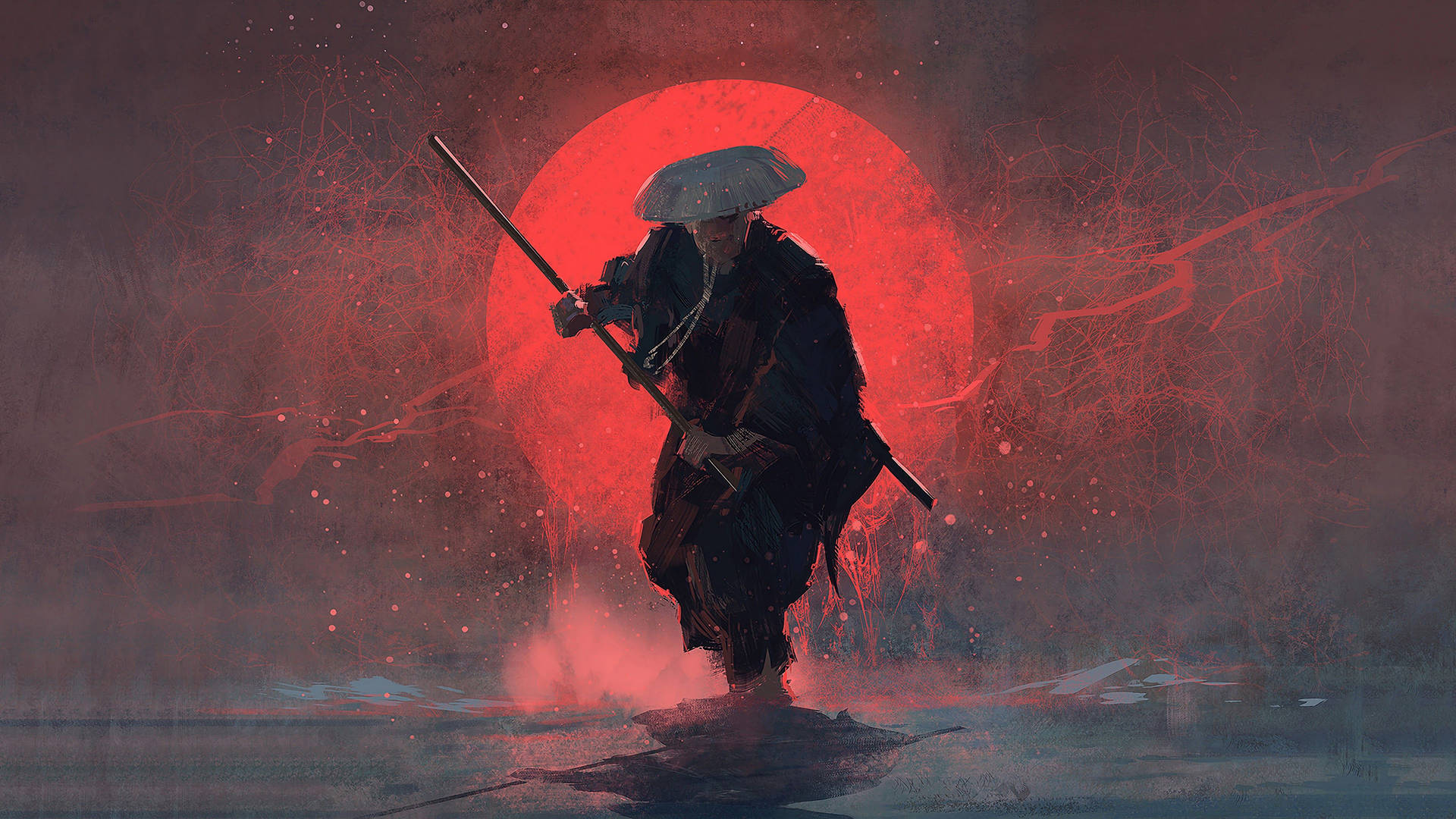 武士戰士在霧氣瀰漫的風景中，於紅日下持劍。