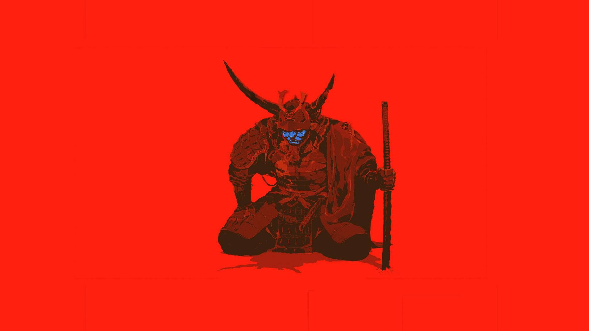 一個身穿暗色盔甲、眼睛發藍光的武士跪在紅色背景前，手持法杖。