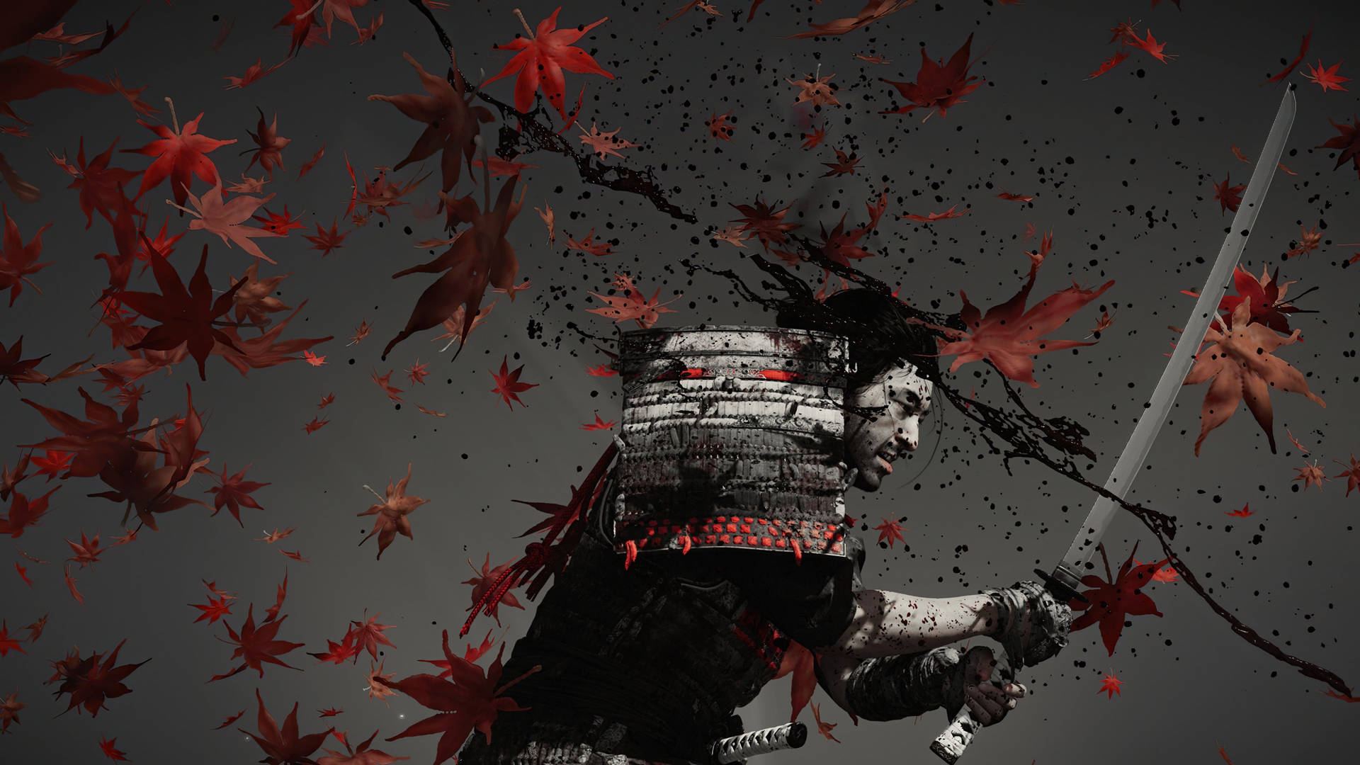 武士持劍，被飄落的紅楓葉包圍。