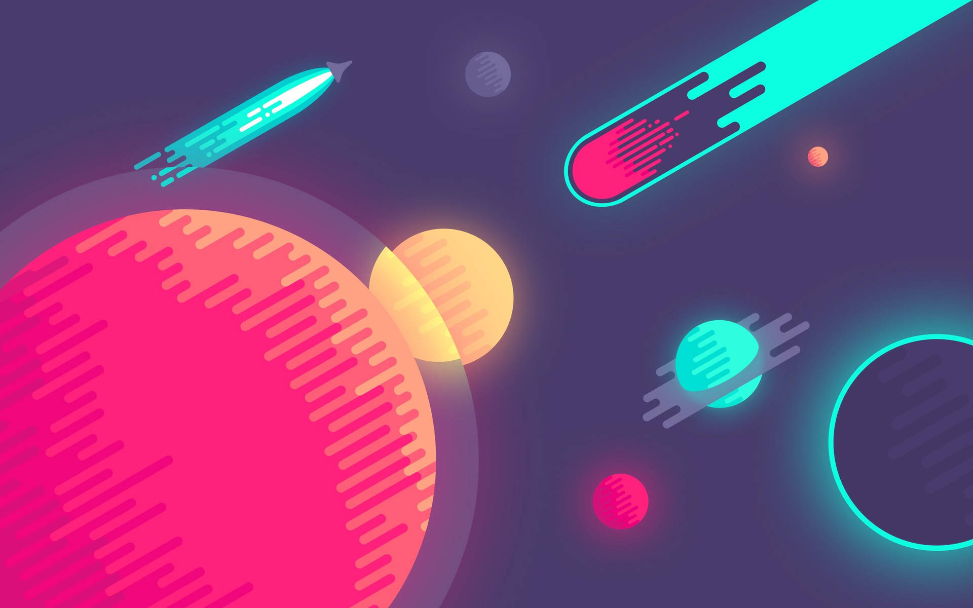 霓虹太空船在風格化的數位太空場景中飛過發光的行星。