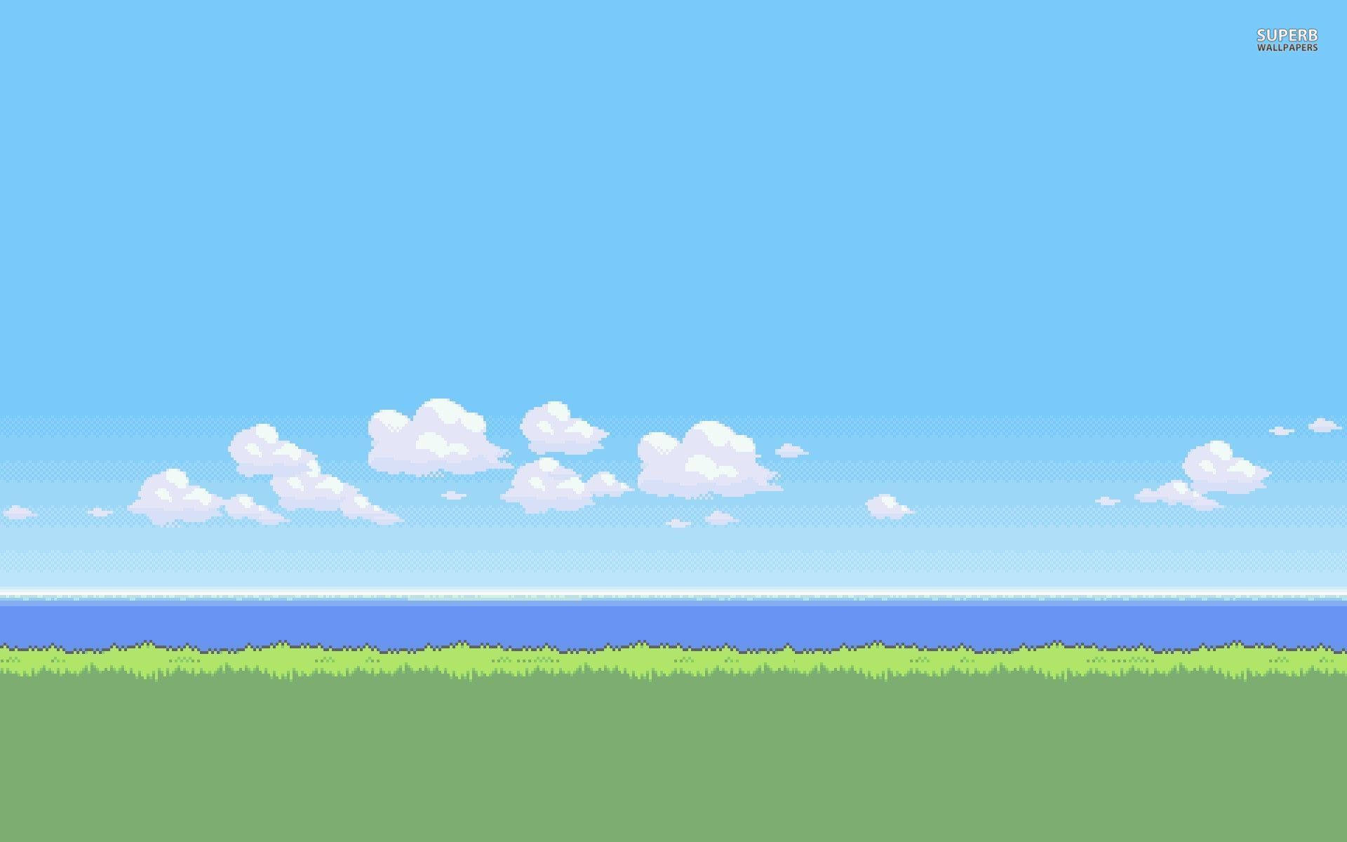 草、海洋和天空與雲的像素藝術場景