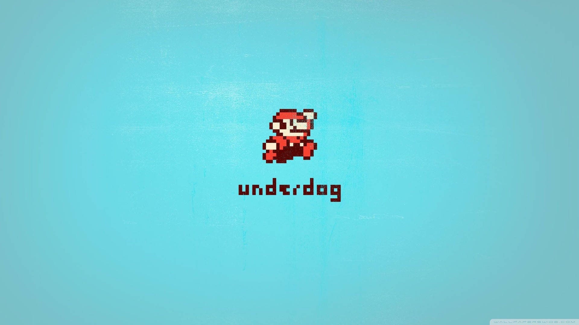 像素化紅色角色戴白色帽子漂浮在藍色背景上的underdog字樣上方。