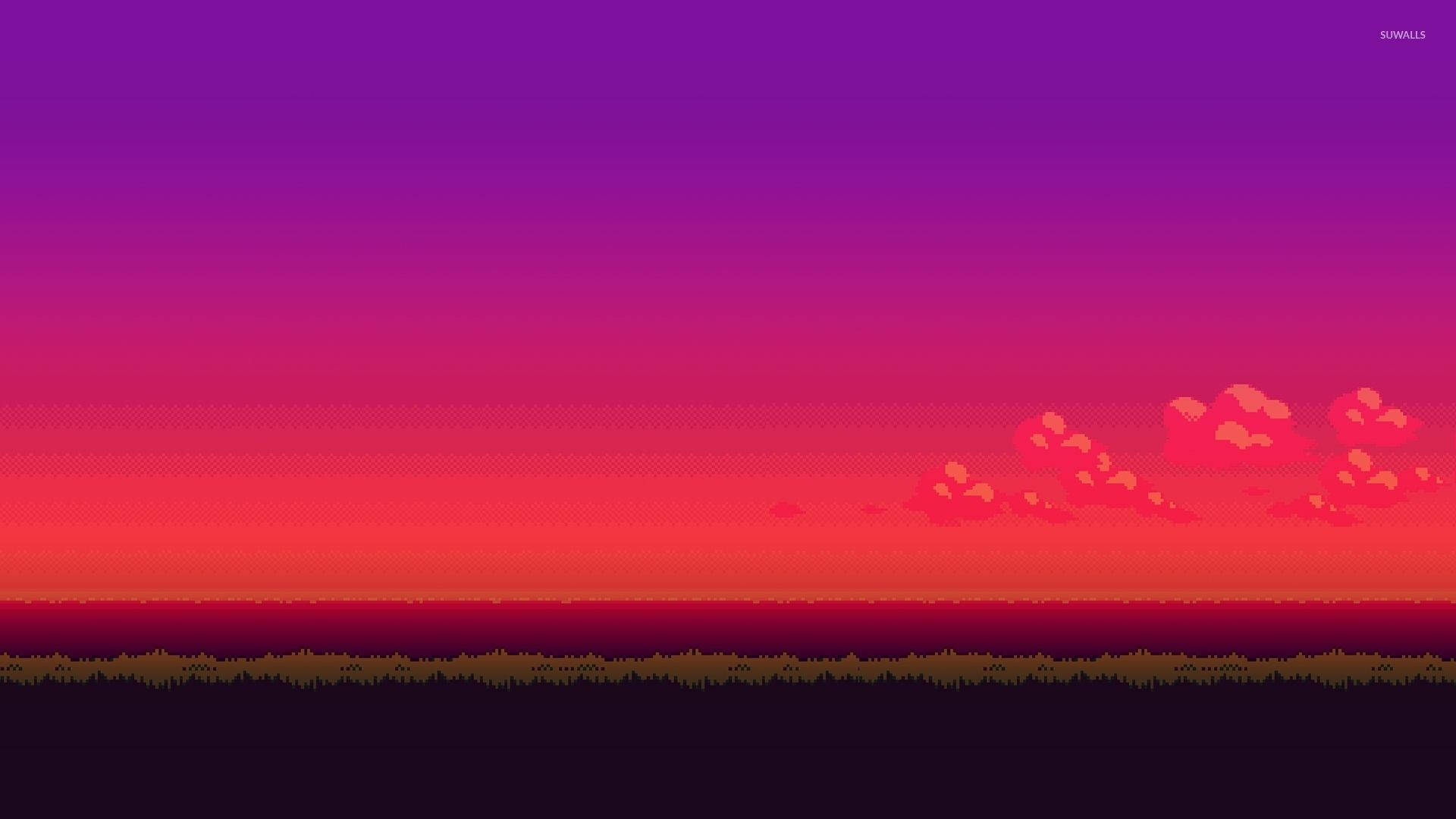 像素藝術日落，紫色和紅色的天空，發光的雲朵在黑暗景觀之上。