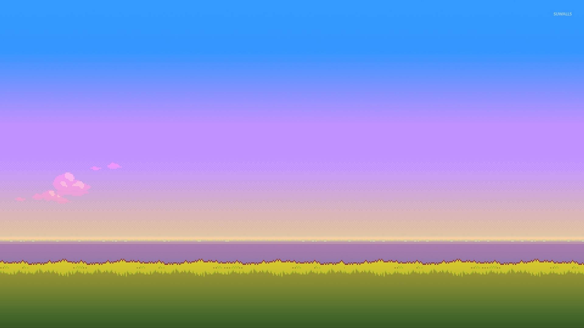 像素藝術風景，綠草和日落時多彩的漸變天空。