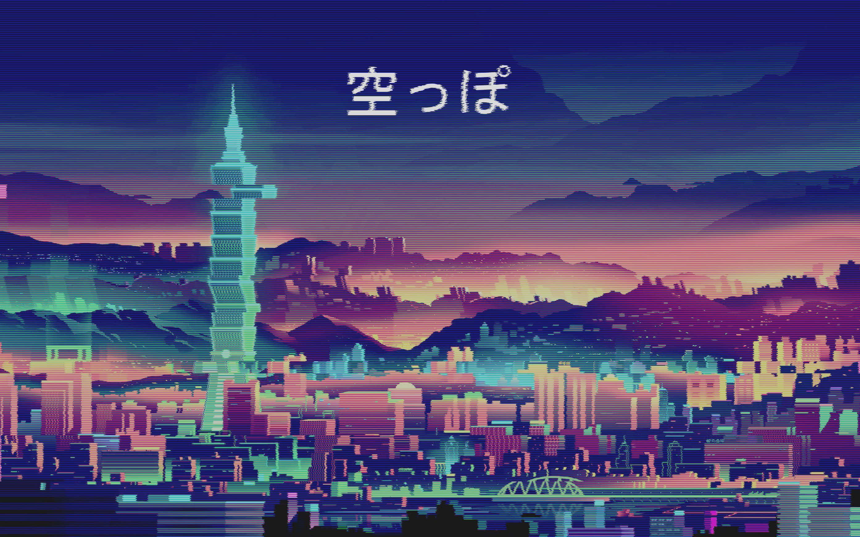 90年代動畫日本城市夜景 壁紙 — 黃昏時分，霓虹燈光下的復古未來主義城市景觀，發光的摩天大樓和故障藝術效果。
