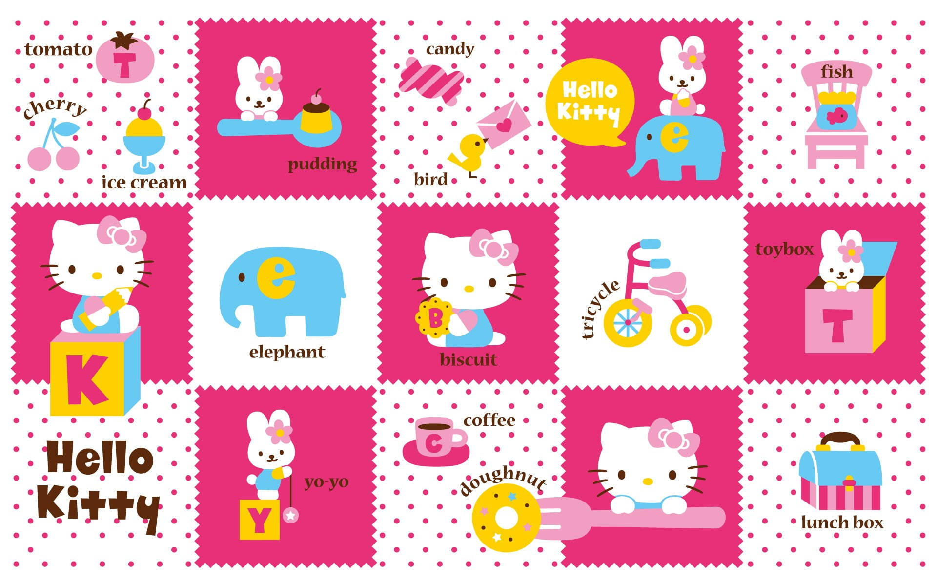 90年代迷你Hello Kitty桌面壁紙 壁紙 — 一張充滿活力的粉紅色牆紙拼貼畫， featuring Hello Kitty 和朋友們，配有有趣的玩具食物和字母積木。