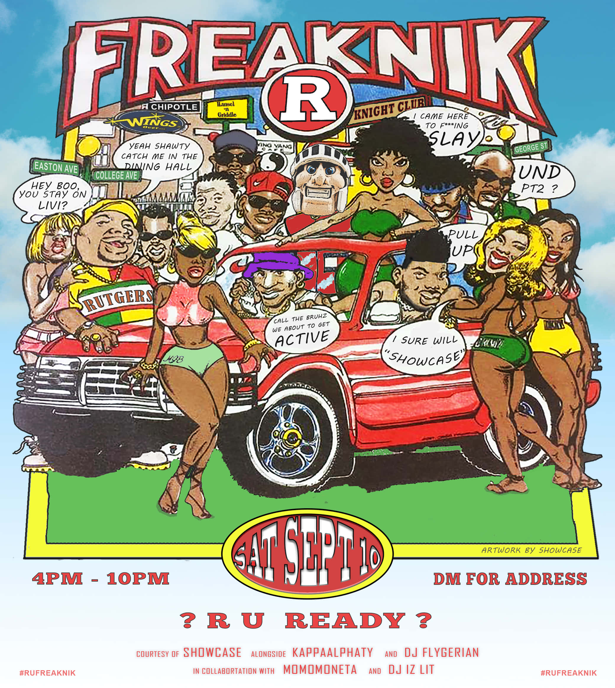 90年代 Freaknik 的復古風情 壁紙 — 一張充滿活力的漫畫風格海報，展示一輛紅色汽車載滿生動的漫畫化派對參與者，在藍天下配有對話氣泡。