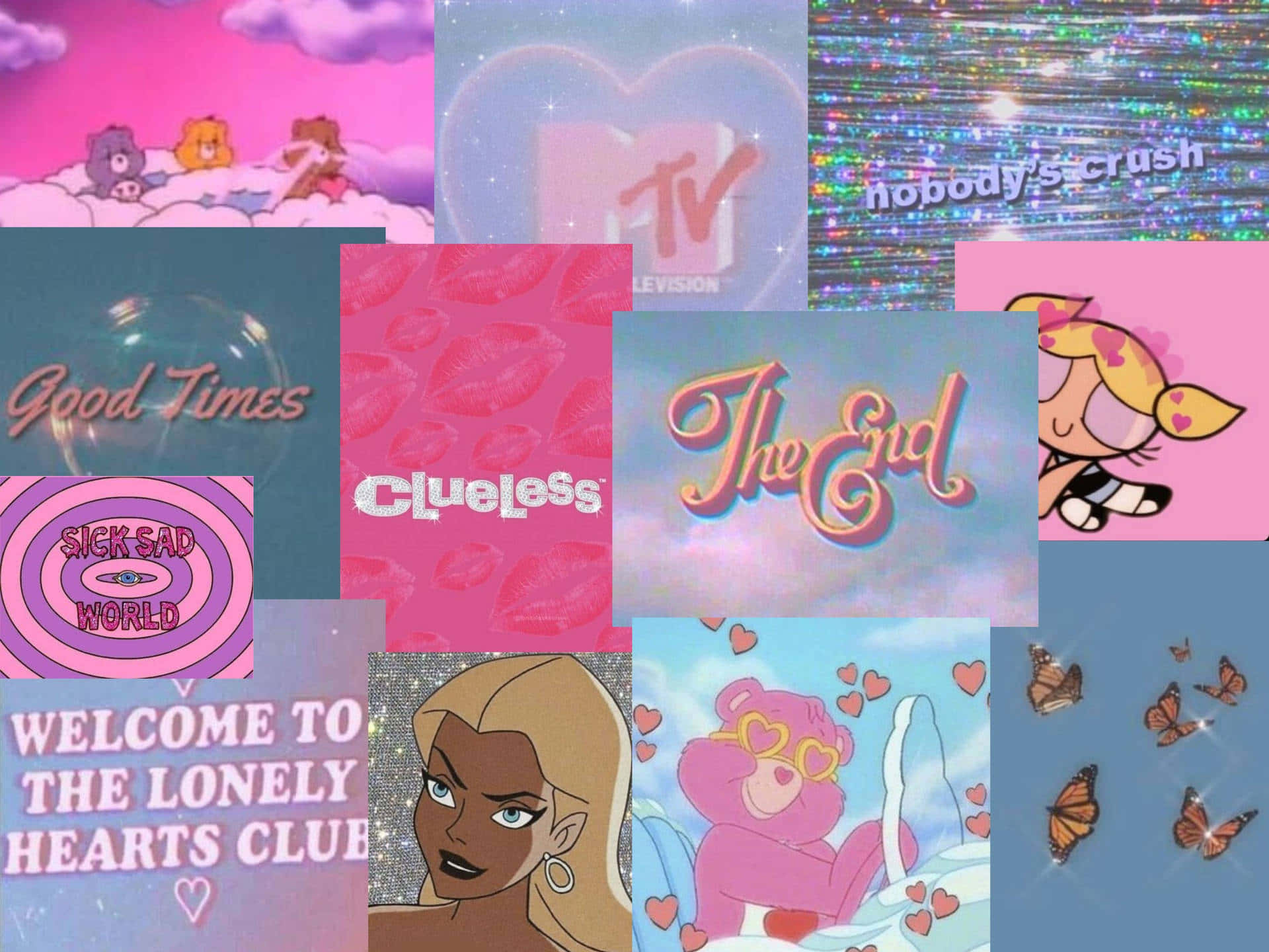 一幅色彩繽紛的90年代流行文化參考拼貼畫，包括Care Bears、飛天小女警和MTV標誌。
